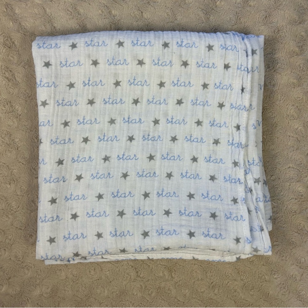 Just Born Blue White Star Baby Swaddle Blanket Muslin Cotton Gray